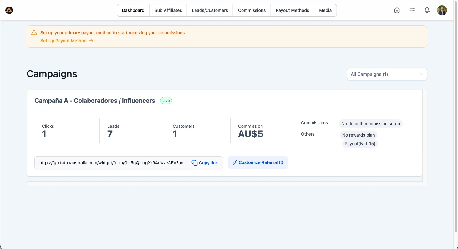 Portal de afiliados de TuTaxReturn en funcionamiento